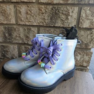 Toddler Size 12 Boots with Purple Laces and Smiley Charm