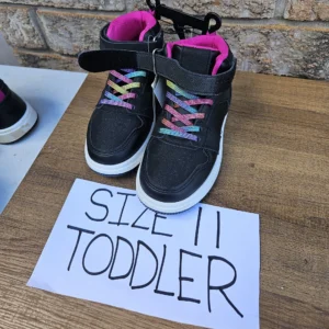 Black Toddler Sneakers with Rainbow Laces and Pink Interior Size 11 Toddler