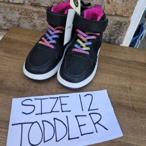 Black Toddler Sneakers with Rainbow Laces and Pink Interior Size 12 Toddler