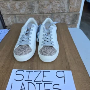 Ladies White Sneakers with Leopard Print and Silver Laces Size 9