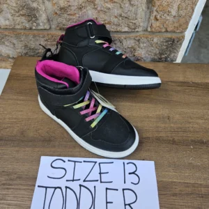 Black Toddler Sneakers with Rainbow Laces and Pink Interior Size 13 Toddler