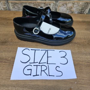 Black Patent Leather Mary Jane Shoes with Rhinestone Buckles