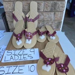 Burgundy Embellished Flip-Flops with Beige Sole