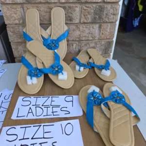 Tan Sandals with Blue Floral Straps Size Ladies 9-10