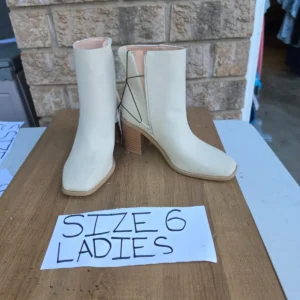 Cream Leather Ankle Boots with Block Heel Ladies Size 6