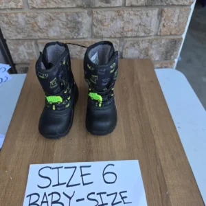 Size 6 Toddler Boots with Neon Yellow Construction Vehicle Pattern