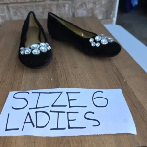 Size 6 Ladies Black Velvet Flats with Rhinestone Embellishments