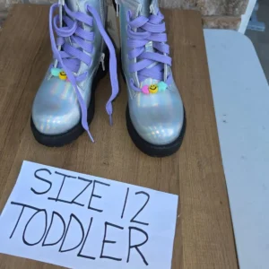 Silver Holographic Toddler Boots with Purple Laces and Smiley Charm