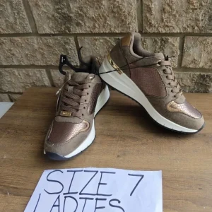 Taupe and rose gold snakeskin ladies sneakers - front view
