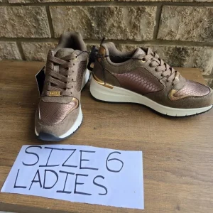 Taupe and rose gold snakeskin ladies sneakers - side view