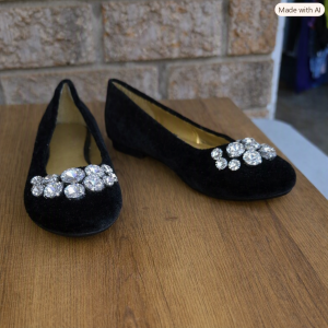 Size 6 Ladies Black Velvet Flats with Rhinestones