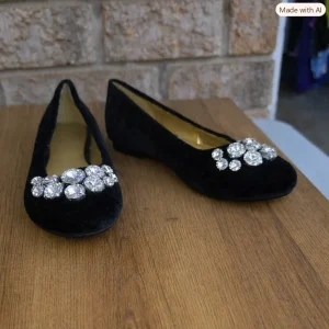 Size 6 Ladies Black Velvet Flats with Rhinestones