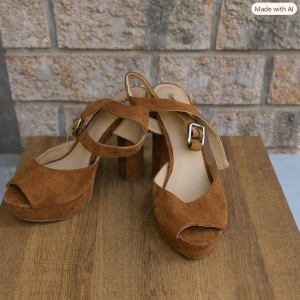 Ladies Size 10 Tan Suede Peep-Toe Heels with Buckle Strap