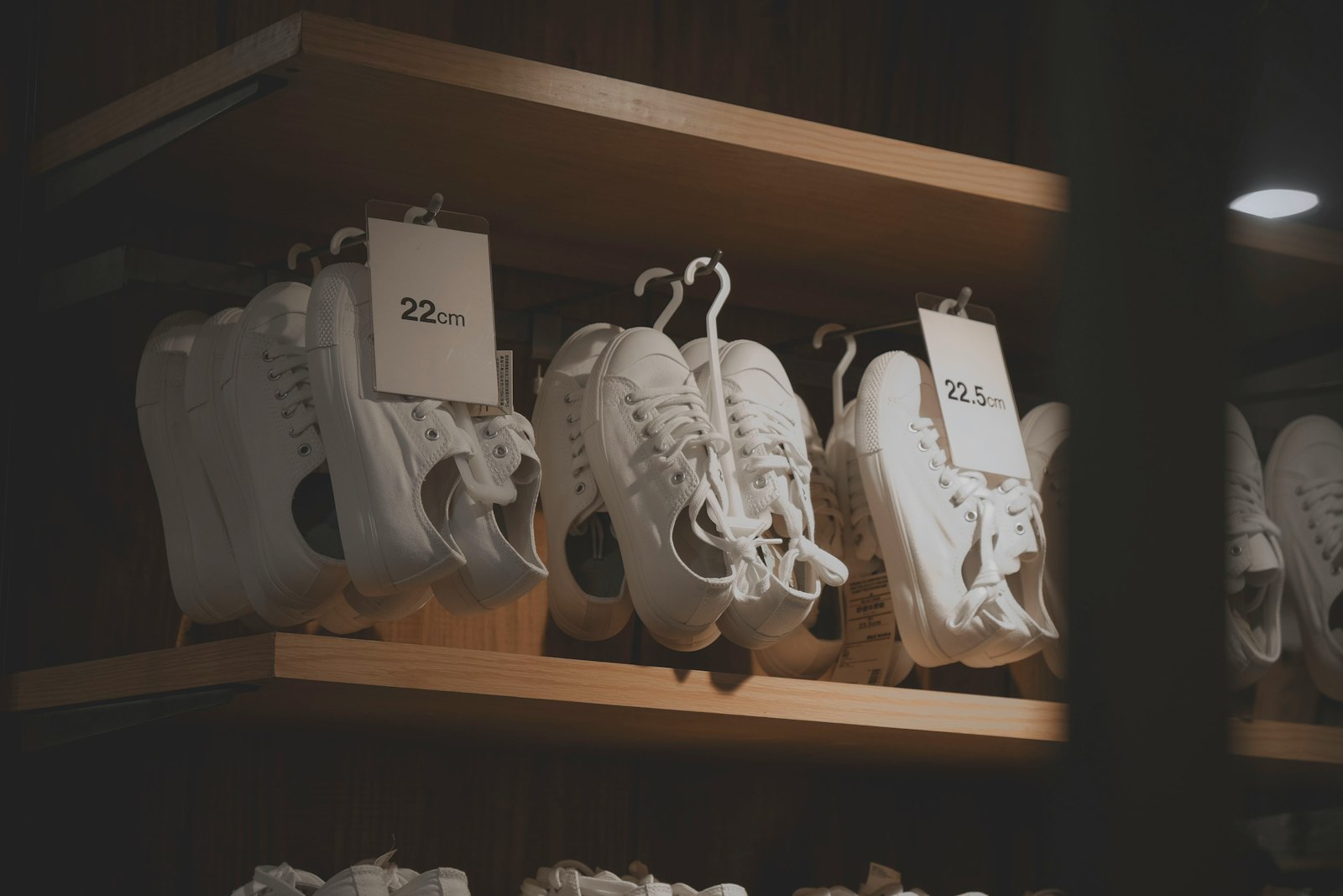 White sneakers with price tags in the Discount Shoes liquidation storefront
